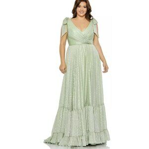 Mac Duggal Sage Green Bow Shoulder Formal Gown Maxi Dress Sz 12 NWT